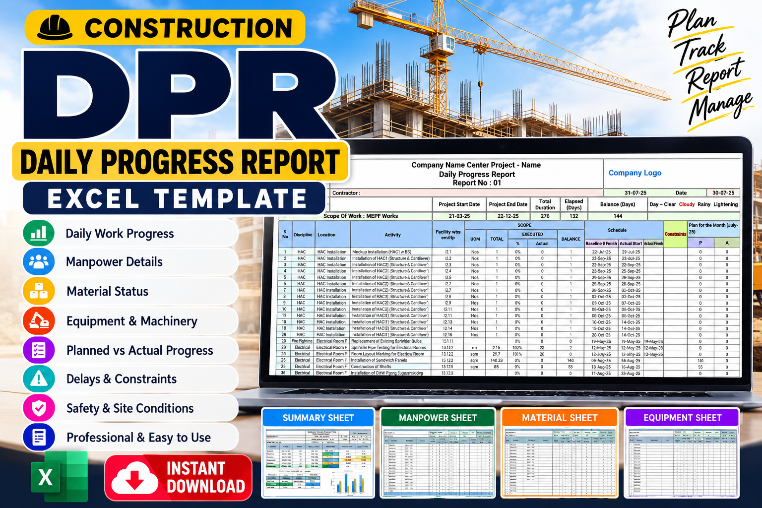 Construction DPR – Daily Progress Report Excel Template